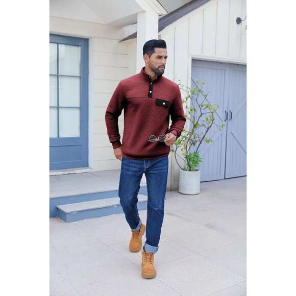 Men's Sweatshirt Quarter Button Pullover Sweatshirt Stand Collar Polo Wine Red - Picture 5 of 6
